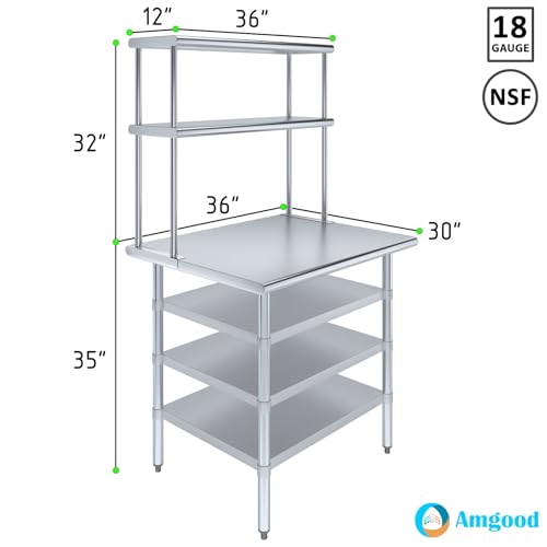 30" x 36" Stainless Steel Work Table with 3 Shelves and 12" Wide Double Tier Overshelf