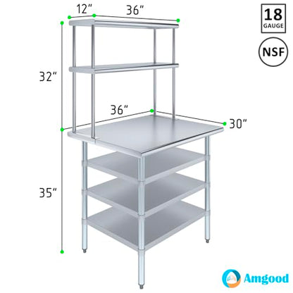 30" x 36" Stainless Steel Work Table with 3 Shelves and 12" Wide Double Tier Overshelf