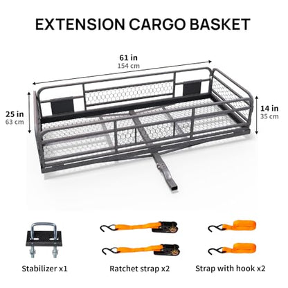 60''X 24''X14'' Folding Hitch Mount Cargo Carrier Basket with Stablizer and Straps