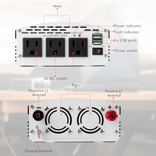 EL3720 1000W Slimline Plus AC to DC Power Inverter 1000 Watt TrueRated Continuous 2500 Watt Surge Power DC 12V to AC 110V Modified Sine Wave 3 AC Outlets and 2A USB Charging Port
