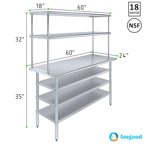 24" x 60" Stainless Steel Work Table with 3 Shelves and 18" Wide Double Tier Overshelf