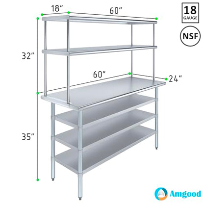24" x 60" Stainless Steel Work Table with 3 Shelves and 18" Wide Double Tier Overshelf