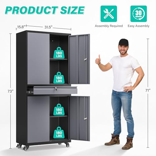 Metal Garage Storage Cabinet with Wheels and Drawer