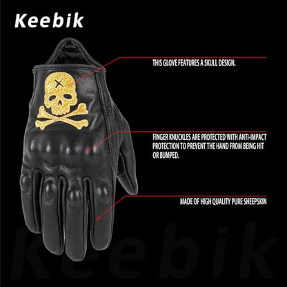 Goatskin Leather Motorcycle Motorbike Powersports Racing Gloves Reflective Skull Touchscreen for Men and Women Model