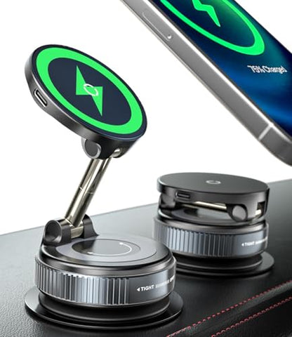 15W Wireless Charger Magnetic Car Phone Holder [Vacuum Suction Cup] 360° Adjustable & Foldable Car Mount for Dashboard