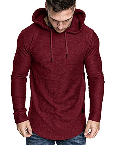 Mens Fashion Athletic Hoodies Sport Sweatshirt Solid Color Fleece Pullover Red Large