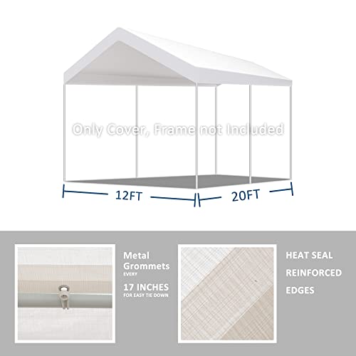 12'x20' Carport Replacement Canopy Cover for Car Garage Shelter Tent Party Tent Top Tarp with Ball Bungees