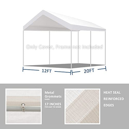 12'x20' Carport Replacement Canopy Cover for Car Garage Shelter Tent Party Tent Top Tarp with Ball Bungees