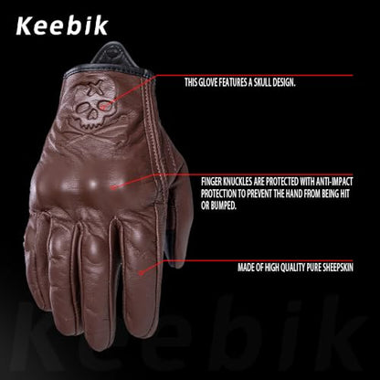 Goatskin Leather Motorcycle Motorbike Powersports Racing Gloves Reflective Skull Touchscreen for Men and Women Model