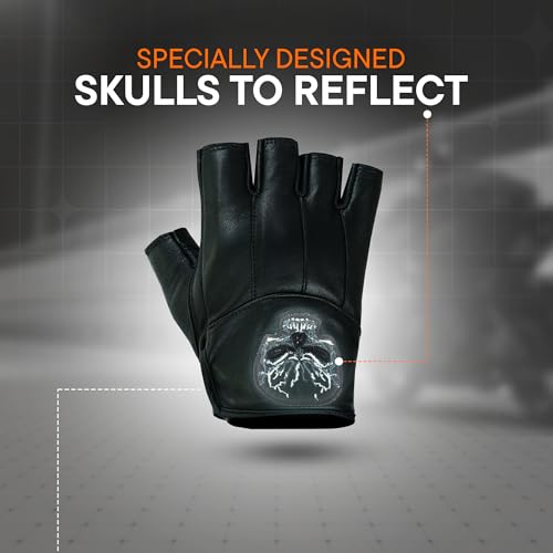 Men's Reflective Skull Fingerless Leather Motorcycle Gloves by Daniel Smart Manufacturing