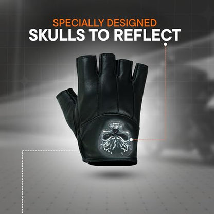 Men's Reflective Skull Fingerless Leather Motorcycle Gloves by Daniel Smart Manufacturing