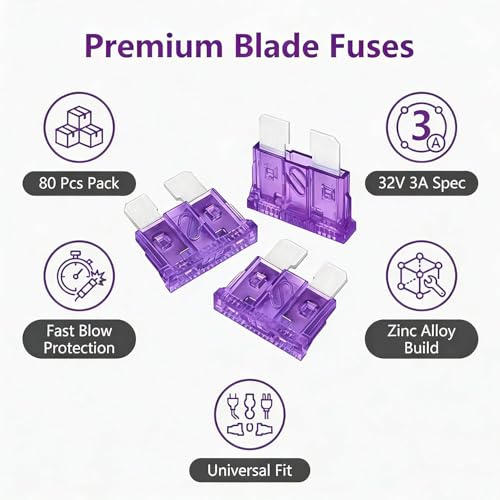 80Pcs) 3 Amp Standard Fuse, 3A Car Blade Fuses for Car/RV/Truck/SUV/Motorcycle/Boat