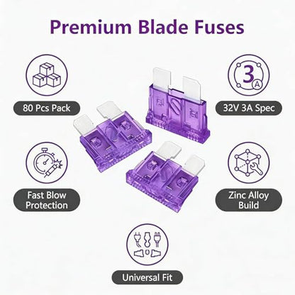 80Pcs) 3 Amp Standard Fuse, 3A Car Blade Fuses for Car/RV/Truck/SUV/Motorcycle/Boat