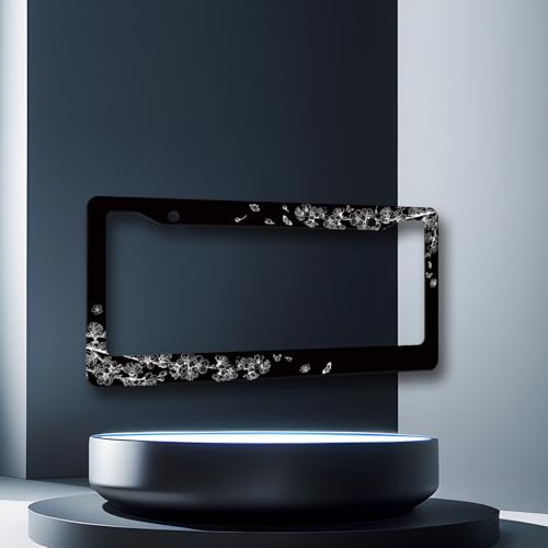 Stainless Steel Black White Cherry Blossom License Plate Frame 12.2 x 6.2In