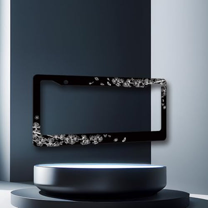 Stainless Steel Black White Cherry Blossom License Plate Frame 12.2 x 6.2In