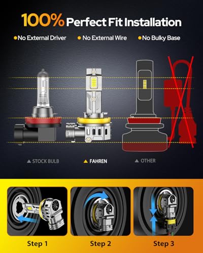 H11/H8/H9 Led Bulbs, 50,000LM High Brightness, 6500K Cool White Fog Lamps, 1:1 Halogen Size, IP68 Waterproof, Plug and Play, H11/H8/H9 Replacement Bulbs, 2-Pack