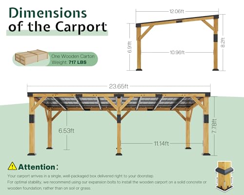 12x24x8.2 FT Heavy Duty Cedar Wood Carport for 2 Cars