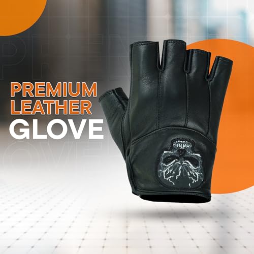 Men's Reflective Skull Fingerless Leather Motorcycle Gloves by Daniel Smart Manufacturing