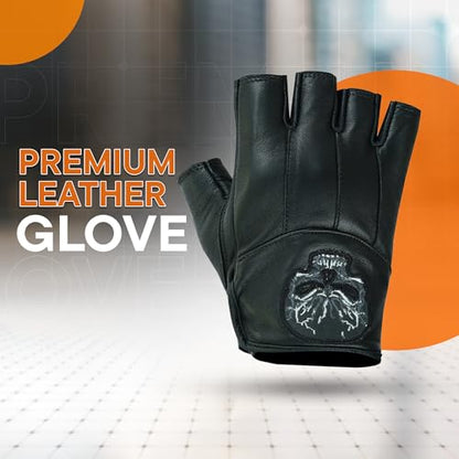 Men's Reflective Skull Fingerless Leather Motorcycle Gloves by Daniel Smart Manufacturing