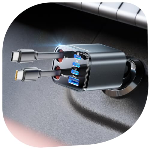 6 in 1 Retractable Car Charger with Dual Type C Cables