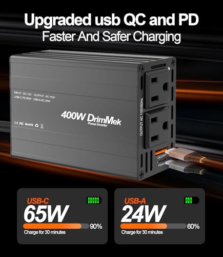 400W Car Power Inverter 12V to 110V AC｜24W+65W USB C