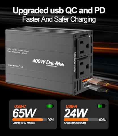 400W Car Power Inverter 12V to 110V AC｜24W+65W USB C