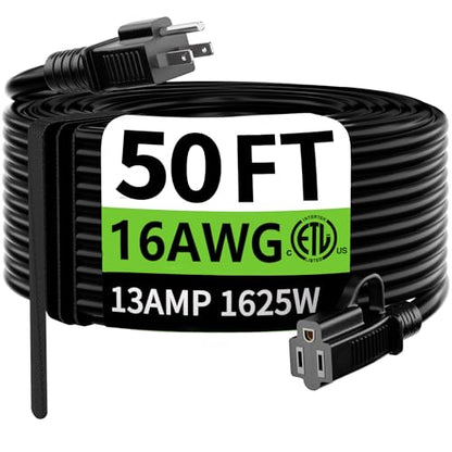 Indoor Outdoor Black Extension Cord 50 FT Waterproof 16