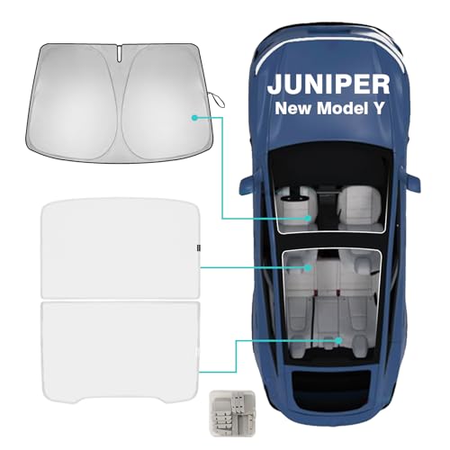 3PCS Windshield&Roof Sunshade Compatible with 2026 2025 Tesla New Model Y Juniper Foldable Sun Shade Accessory Heat UV Protection Visor Accessories with Storage Bag (3 Count)