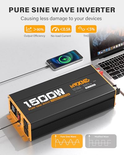 1500W Pure Sine Wave Power Inverter 12V DC to 110V 120V AC Converter with 2 AC Outlets