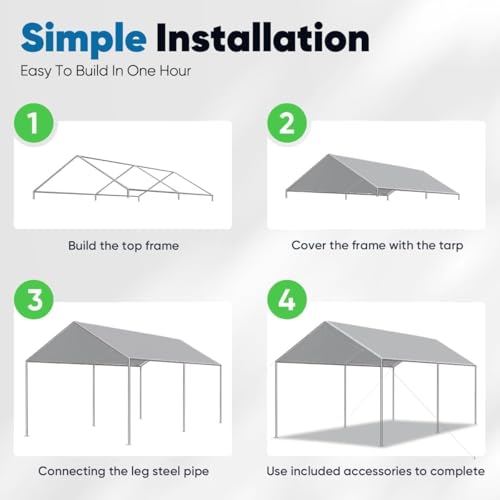 10x15 ft Heavy Duty Car Canopy Galvanized Frame Carport Outdoor Party Tent Boat Shelter with 3 Reinforced Steel Cables