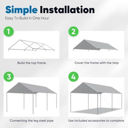10x15 ft Heavy Duty Car Canopy Galvanized Frame Carport Outdoor Party Tent Boat Shelter with 3 Reinforced Steel Cables