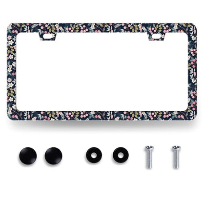 Stainless Steel Blue Art Floral Flower License Plate Frame 12.3 x 6.3 Inch