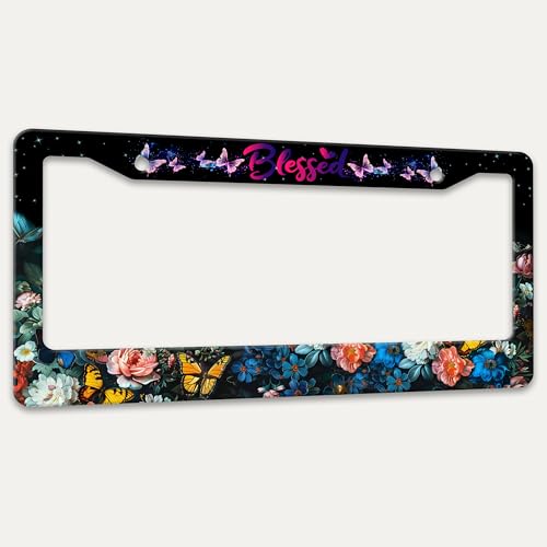 Blessed License Plate Frame Butterfly Flowers License Plate Holder 6x12 in