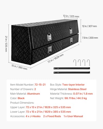 Truck Tool Box 72 x 21 x 13 Aluminum Storage Box with Two Drawers