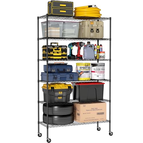 Storage Shelves 6 Tier Metal Shelves Adjustable Garage Shelving Wire Shelving Unit Capacity 2100LBS with Wheels for Kitchen