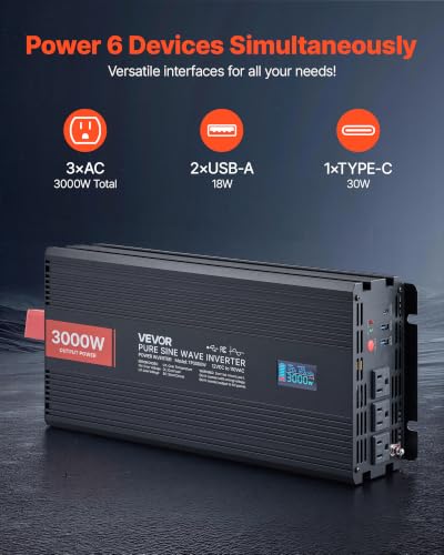 Pure Sine Wave Inverter 3000 Watts 12V DC to 120V AC Power Inverter