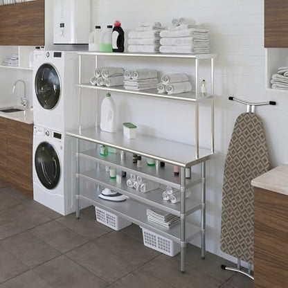 18" x 60" Stainless Steel Work Table with 3 Shelves and 12" Wide Double Tier Overshelf