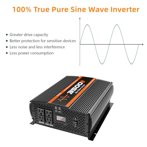 3500W Pure Sine Wave Inverter 12V to 120V with 4 Power Outlets for RV Solar Power