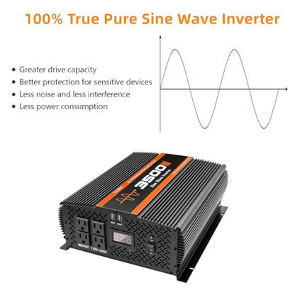 3500W Pure Sine Wave Inverter 12V to 120V with 4 Power Outlets for RV Solar Power