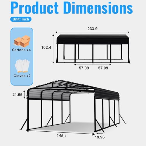 12x20FT Heavy Duty Metal Carport with Side Support Poles for All Weather (3 Count)