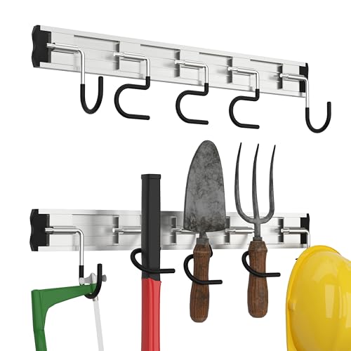 34.5'' Aluminum Alloy Garden Tool Organizer Wall Mount Garage Organizers and Storage with Hooks Tool Hangers for Shed Hooks for Shovel