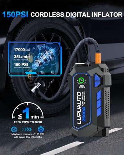 2500A Jump Starter with 150PSI Air Compressor 12V Battery Box Jumper Pack