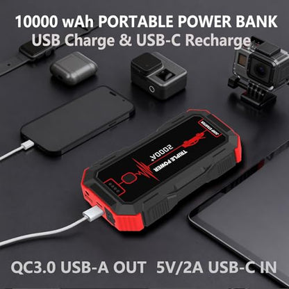 Portable Battery Jumper Starter 2000A Peak 12V Car Jump Starter & Power Booster