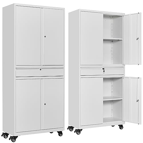 White Metal Storage Cabinet with Wheels and Drawer