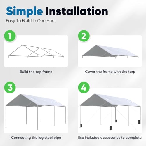 10x20 ft Heavy Duty Car Canopy Galvanized Frame Carport Outdoor Party Tent Boat Shelter with 3 Reinforced Steel Cables (200 Sq Ft)