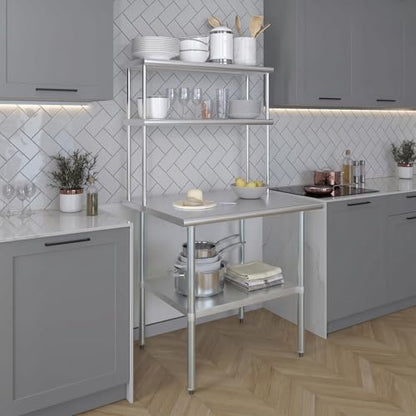 Stainless Steel Work Table Double Tier Overshelf 30" x 36" Work Table + 12" Overshelf