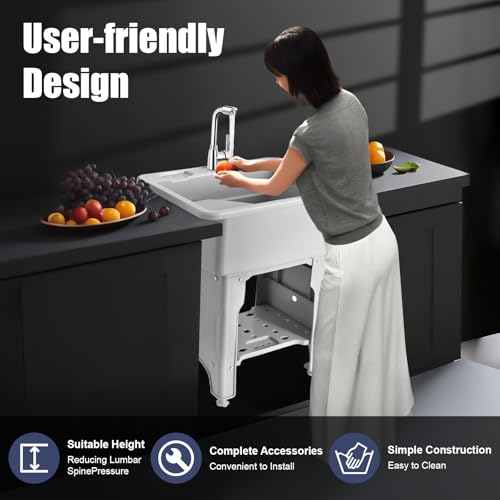 Freestanding Utility Sink Plastic Wash Station with Storage Shelf Indoor
