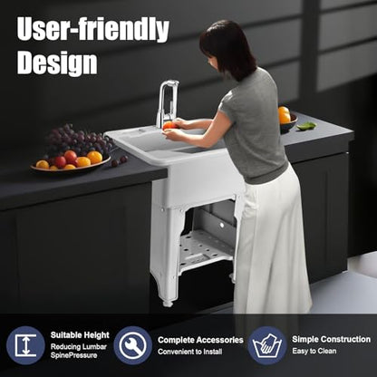 Freestanding Utility Sink Plastic Wash Station with Storage Shelf Indoor
