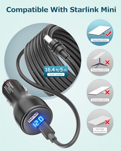 3-in-1 Starlink Mini Cable with 12V-20V Car Cigarette Lighter Adapter 5M