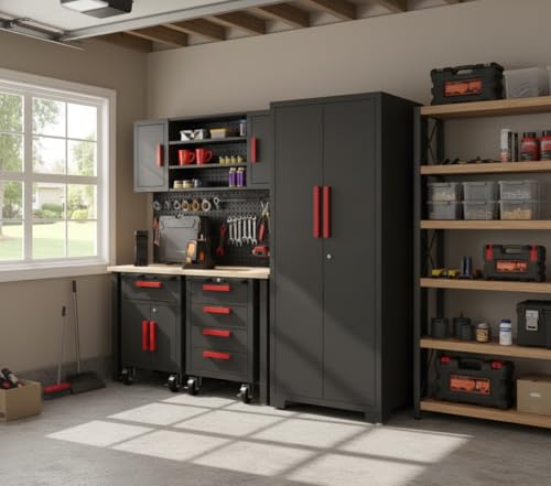 6Pcs Garage Cabinets Storage System with Rolling Chest